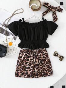 Baby Girl Summer Fashion Solid Open Shoulder Tank Crop Top And Leopard Print Flared Skirt 2 Pieces Set - Black - View 2