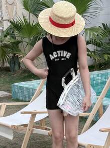 DAZY Tween Girl 女童字母印花连体泳衣，适合秋季 - 黑色 - 查看 1