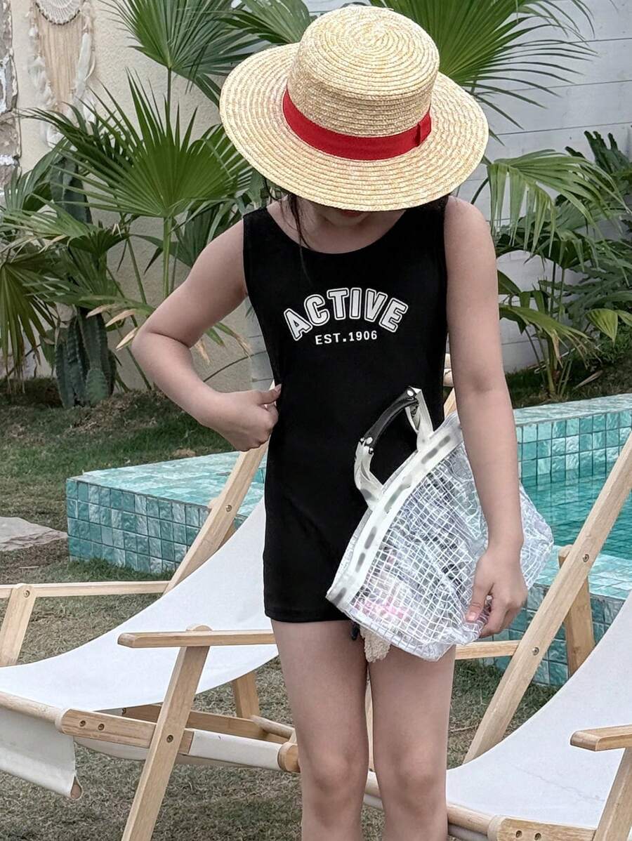 DAZY Tween Girl 女童字母印花连体泳衣，适合秋季 - 黑色 - 查看 1