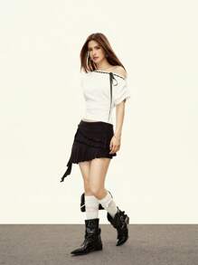 Rina Fox 女士休闲不对称领口短袖系带时尚 T 恤，适合夏季