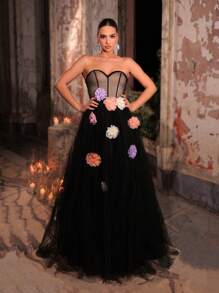 Glamrae Váy dạ hội trang trọng không tay cổ chữ V sâu họa tiết hoa 3D thủ công màu đen sang trọng và thanh lịch dành cho nữ - màu đen - Xem 2