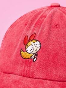 THE POWERPUFF GIRLS X SHEIN Gorra de béisbol roja lavada con bordado de flores - Rojo - Ver 2