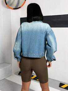 SHEIN Cottnline DENIM CROPPED JACKET WASHED BLUE CASUAL - Medium Wash - View 3