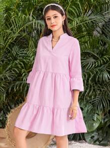 SHEIN Teen Girls Striped A-Line Dress, Suitable For Holiday, Beach, Casual Wear, Pink & White - Pink - View 9