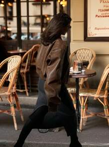 INAWLY 女式纯色长袖前拉链 PU 皮革棒球夹克（秋季） - 咖啡棕 - 查看 2