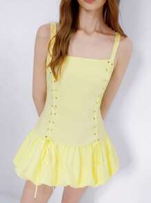 SHEIN Unity Punk-Romantic Collegiate Style Dark Blue Striped Tie Strap Bow Decorated Camisole Dress With Pleated Hem For Women - Yellow - View 5
