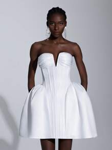 SHEIN Belle 优雅的白色缎面无肩带钢骨紧身胸衣，带骨中腰，低腰分层 A 字下摆，可调节系带，短款新娘派对/婚礼/鸡尾酒会/度假礼服，新娘 - 白色 - 查看 3