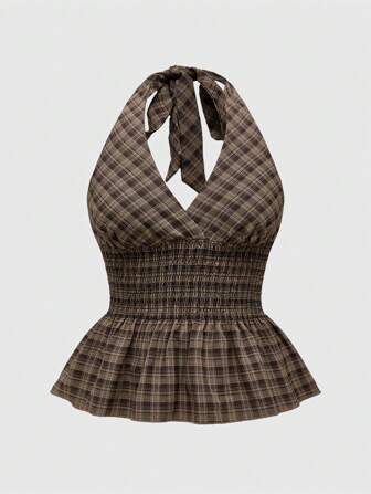 Top de tirantes con pliegues de cuello halter y detalle de cintura ajustada, estilo retro versátil y casual para mujer talla grande