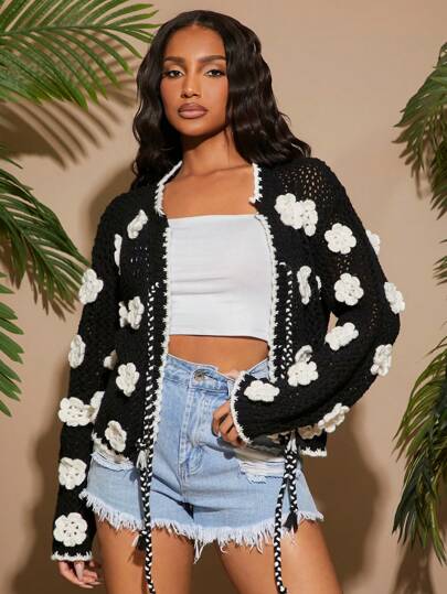SHEIN SXY Hollow Out Camellia Crochet Two-Tone Knitted Cardigan Jacket With Unique Design
