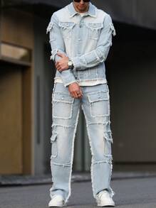 Manfinity LEGND Men's Long Sleeve Frayed Edge Single Breasted Denim Jacket And Cargo Denim Pants Set - Light Wash - View 5