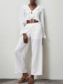 Lumivelle Women's Ruffle Trim Bell Sleeve Casual 2 Pieces Set - White - View 6