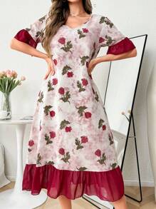 CottageSlumber V-Neck Chiffon Patchwork Ruffle Floral Print Women's Nightgown Babydoll Perfect Summer, Moo Moo - Multicolor - View 6