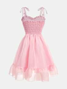 Vestido de 2 en 1 para adolescentes para la temporada de Eid/Boda, vestido corto lindo con decoración de lazo de encaje y tul sin mangas, con vestido largo con volantes desmontable, estilo elegante - Rosa - Ver 3