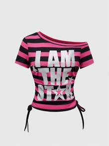 ROMWE Avant Y2K Style Striped Slogan Print Asymmetric Collar T-Shirt - Pink - View 1