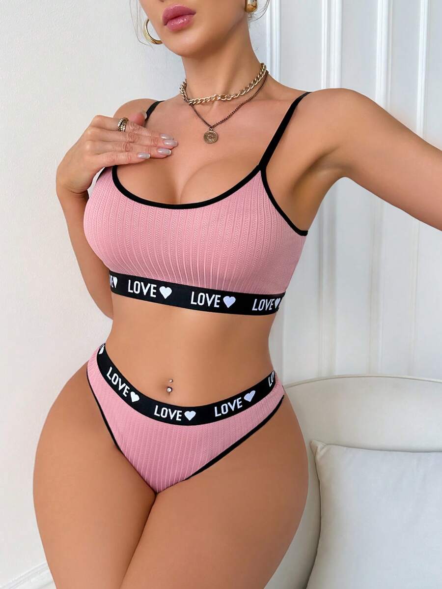 Women Letter Intarsia Contrasting Trim Lingerie Set - Dusty Pink - View 1