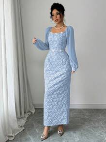 Modelyn 女士优雅提花拼布链条装饰紧身连衣裙