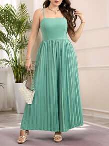 SHEIN Clasi Plus Size Women's Green Solid Color Sleeveless Suspender Waist Pleated Loose Fashion Wide Leg Jumpsuit Pants,Summer Outfits For Women - Green - View 3