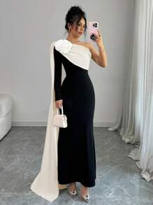 Elenzga Women Dress With Asymmetrical Open Shoulder & 3D Floral Design Maxi Women Outfit