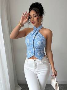 Elenzga Blazer léger à encolure ras-du-cou en jacquard bleu