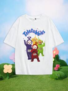 Teletubbies X SHEIN Plus Size Cartoon & Letter Print Short Sleeve T-Shirt, Summer S Graphic Funny T Shirt T Shirts Funny Shirt Graphic Summer Outfits For Women Rave Outfits Festival/ Rave/Festival/ Rave Outfits/ Festival Outfits For Women/ Country Concert Outfit/ Festival Outfits/ I Concert/Concert Outfit Women/ Concert Outfits For Women/Rave Outfit/Rave Top Tshirt Tshirts Graphic