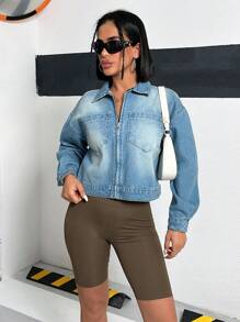 SHEIN Cottnline DENIM CROPPED JACKET WASHED BLUE CASUAL - Medium Wash - View 6