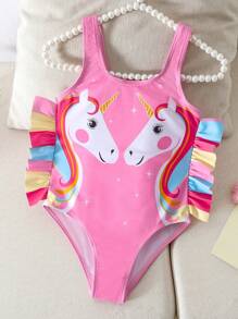 年轻女孩宽肩带印花休闲连体泳衣定制印花