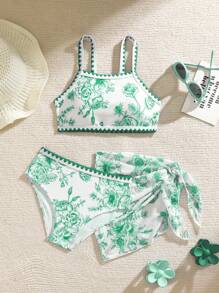 SHEIN Tween Girls Floral Print 3pcs Bikini Set - Side Tie Sarong Wrap & Mini Skirt - Multicolor - View 1