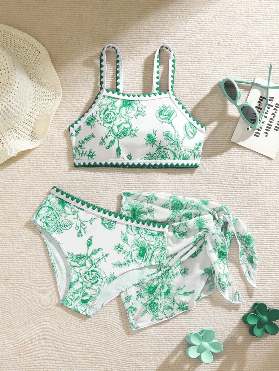 SHEIN Tween Girls Floral Print 3pcs Bikini Set - Side Tie Sarong Wrap & Mini Skirt - Multicolor - View 1