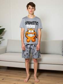 2 件青少年男孩灰色背景虎纹印花短袖 T 恤和短裤休闲家居服套装 - 灰色 - 查看 3