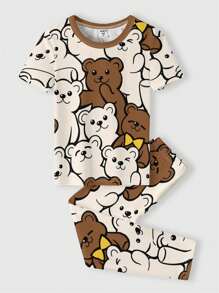 SHEIN 男婴休闲卡通熊印花修身圆领舒适短袖长裤睡衣套装，舒适贴身，适合春夏季 - 彩色 - 查看 2