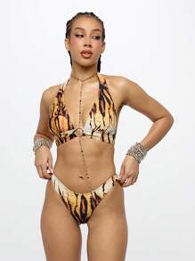 SUMWON WOMEN 优质两件套露背虎纹比基尼套装带水晶链夏季海滩度假装泳池派对泳衣 - 黃色 - 查看 5
