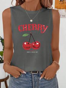 SHEIN LUNE CHERRY Camiseta sin mangas informal con estampado de frutas, adecuada para el verano - Gris Oscuro - Ver 5