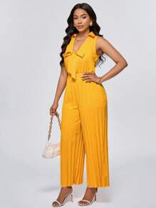 Lyxana Elegant Commuter Solid Color Bowknot Waist Pleated Jumpsuit
