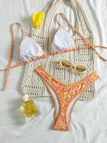 SHEIN Women Random Print Halter Spaghetti Strap Camisole And High Cut Bikini Set, Beach Vacation Outfits For Summer - Multicolor - View 2