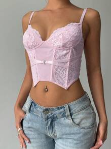 Aloruh Women's Sexy Party Valentine's Day Deep V Lace Patchwork Tight Fitting Cropped Camisole Top - Pink - View 6
