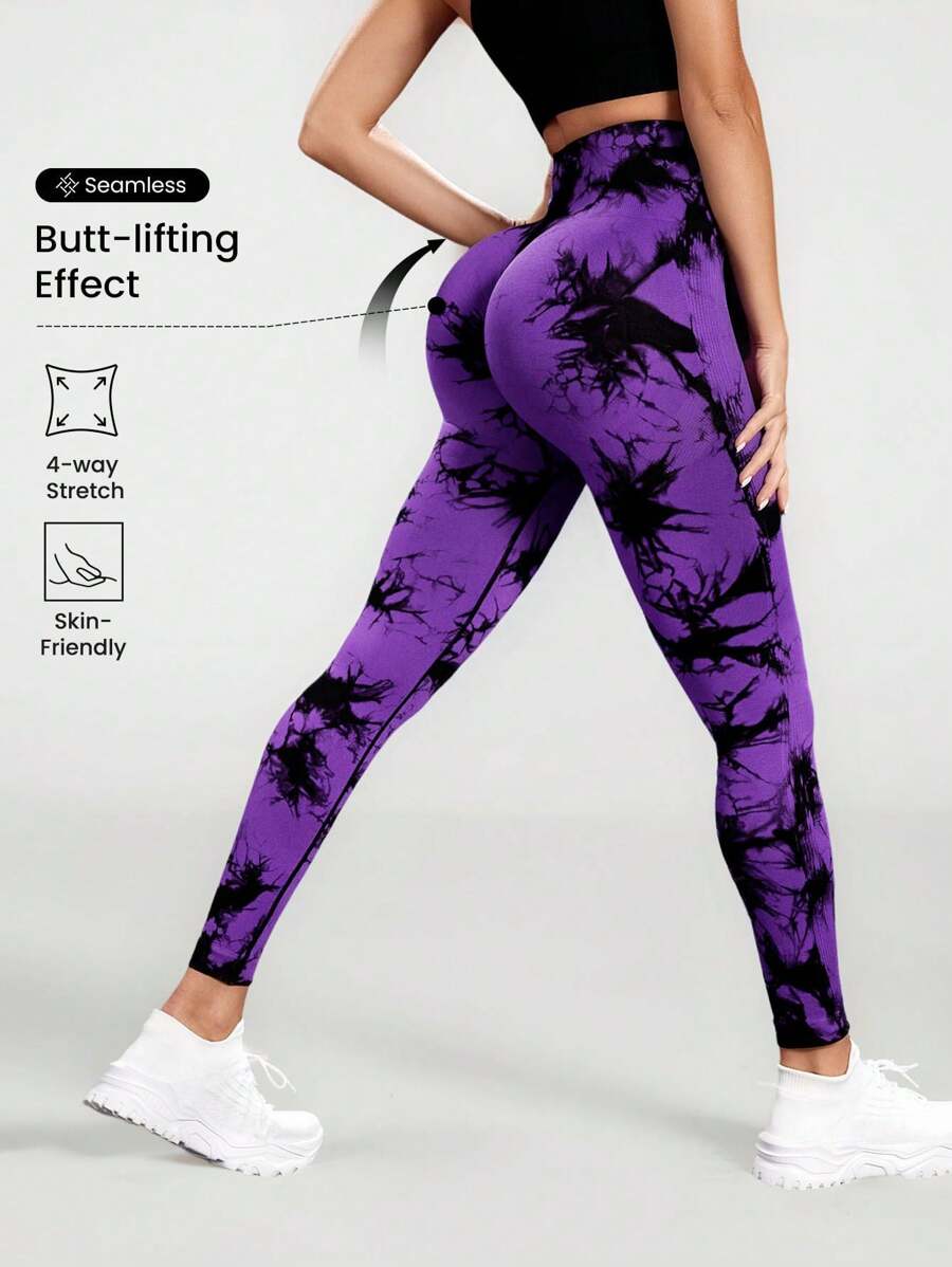 SHEIN Sports Tie Dye Yoga Tights Quần legging phòng tập thể dục kiểm soát vùng bụng co giãn cao - Màu tím - Xem 1
