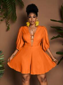 Maweii Plus Size Women Deep V-Neck Lantern Sleeve Sexy Romper - Orange - View 4