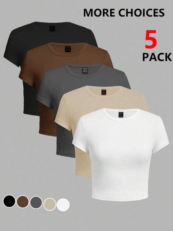 SHEIN Unity Ladies' Summer Plain Round Neck Short Sleeve Casual T-Shirt