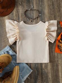 SHEIN 2025 Spring/Summer New Arrival Casual Comfy Ruffle Sleeves Apricot Girl (Small) Shirt, Suitable For Daily, Outdoor, And Family Gathering Wear - Apricot - View 2