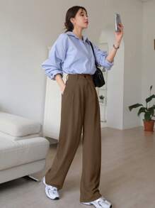 DAZY 纯色直筒商务休闲西装裤，女士正装裤，秋冬返校服 - 棕色 - 查看 5