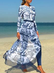 Swim Mulvari Conjunto de burkini de 3 piezas con estampado de palacio en azul y blanco para mujer, que incluye top de manga larga, pantalones y cremallera frontal, elegante y casual para vacaciones y fiestas en la playa