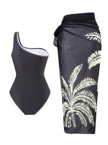 Swim Oasis Set da 2 pezzi 2025 Nuovo costume da bagno aderente da donna con stampa di palme e gonna da spiaggia, costume intero casual adatto per vacanze