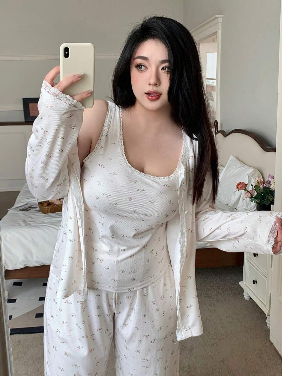 Dazy Plus 加大码 3 件套碎花印花背心、外套和裤子睡衣套装、家居服、服装、秋装 - 杏色 - 查看 1