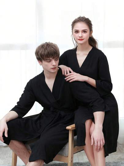 1 件轻便时尚浴袍，适合居家和海滩，速干亲肤，情侣家居服，简约格子浴袍夏季婚礼家居浴室装饰