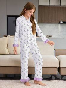SHEIN Tween Girlr 郁金香印花长袖上衣和裤子两件套睡衣套装，浅紫色 - 淺灰紫 - 查看 7