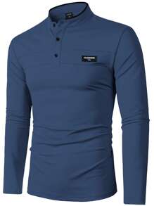 Manfinity Homme Áo thun polo tay dài in chữ thường ngày dành cho nam đi làm - Màu xanh lam - Xem 5