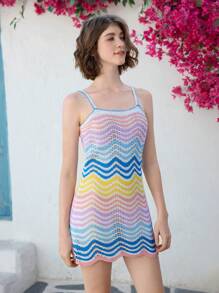 Skyraze Women Striped Knitted Slip Dress,Knit Floral Hollow Swimsuit Cover Up,  Summer Beach Vacation,Beachwear Dress - Multicolor - View 4