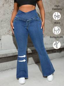 SHEIN PETITE CURVE Women Plus Size Asymmetrical Waistline Blue Denim Flare Jeans Summer Vacation Outfits Woman 90s Clothes Spring Outfits For Women Y2k Clothes Cowgirl Outfits For Women Rave Spring Break Outfits Going Out Outfits Streetwear 2000s Style Concert Outfits Old Money Vegas Night Outfit Festival Outfits For Women Rave Outfits Festival Easter Women Birthday Outfits For Women