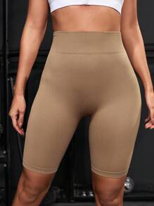 Seamluxe SHEIN Sport Rib-knit Seamless Sports Cycling Shorts - Camel - View 3