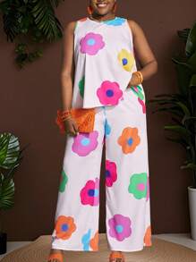 Slaydiva 优雅度假圆领无袖宽松下摆短款上衣直筒裤趣味大花卉印花女式加大两件套 - 白色 - 查看 1